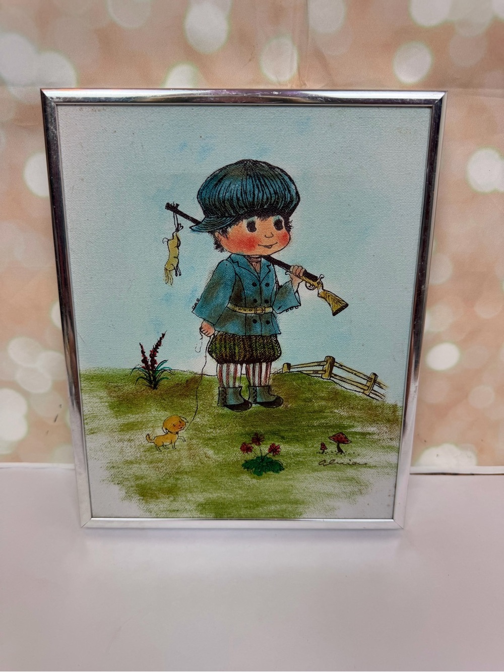 Vintage Olivia Print Child with Dog & Deer Storybook Style Art 19x15.5